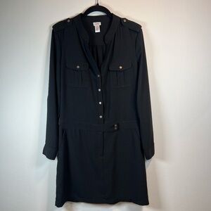 Cache Women's Mini Shirt Dress Black  Roll Tab Long Button Front V-Neck  Size 10